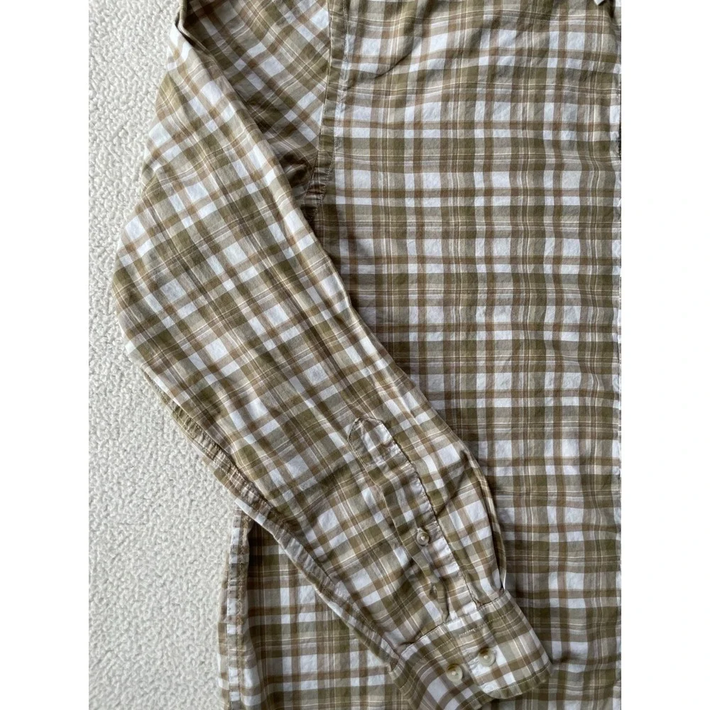 Banana Republic Mens Large Button Down Shirt Tan Plaid Untucked Fit Long Sleeve